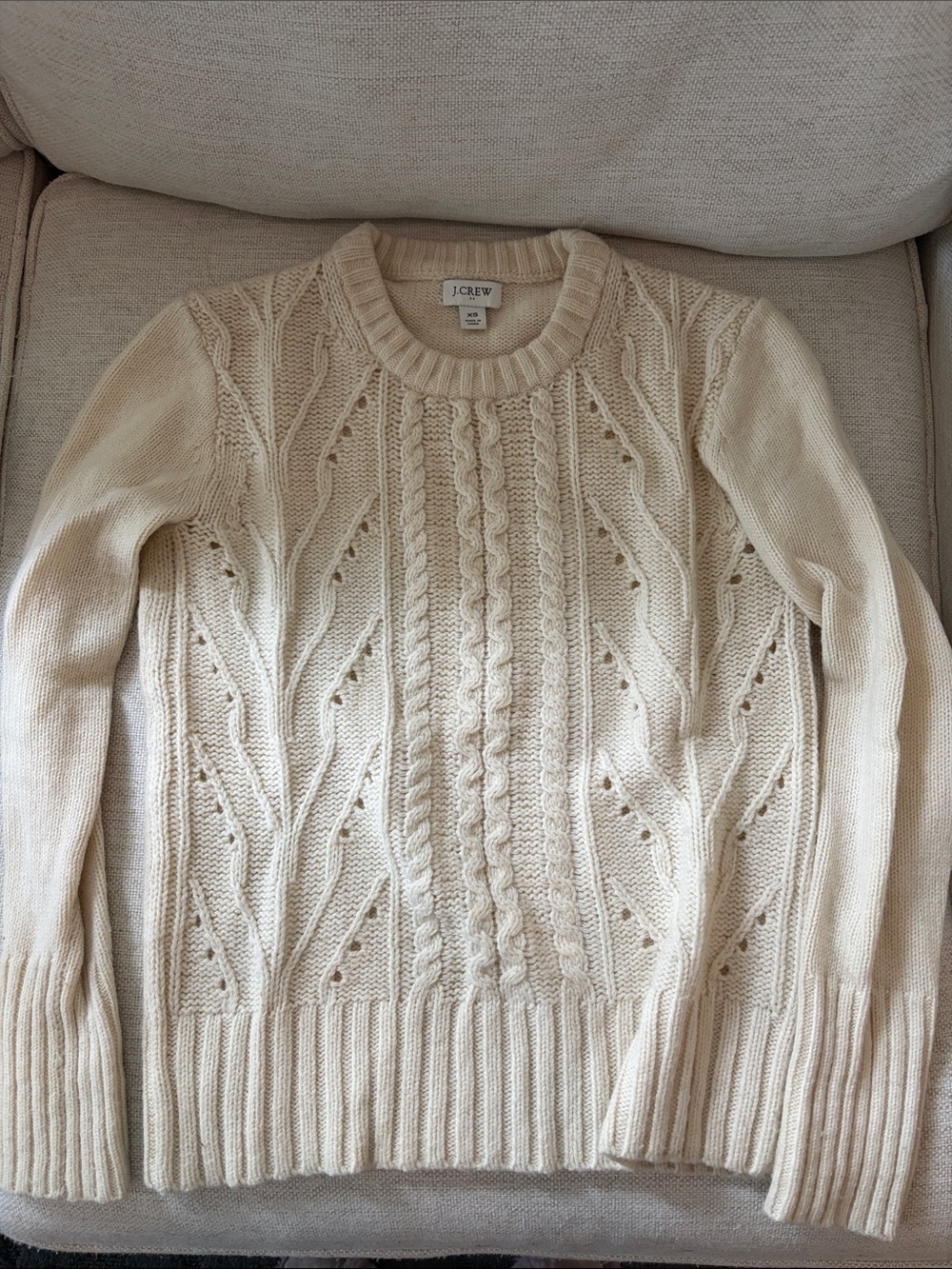 J. Crew Cream Cable & Eyelet Crewneck Sweater